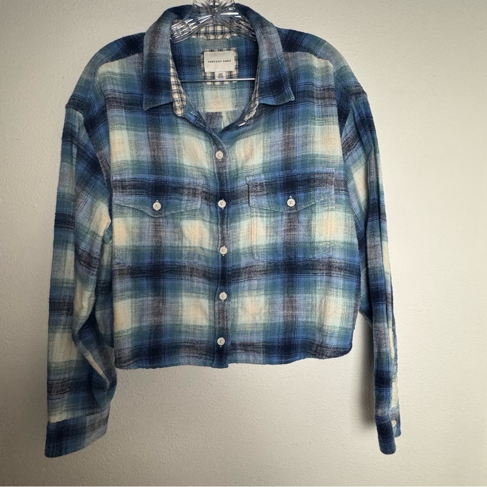 American Eagle Outfitters Blue and Yellow Plaid Shirt Cropped Flannel 90s 00s